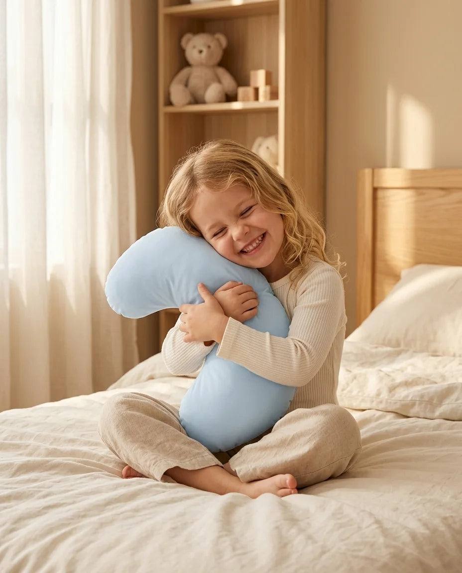 Een meisje knuffelt haar Booney kussen op haar bed