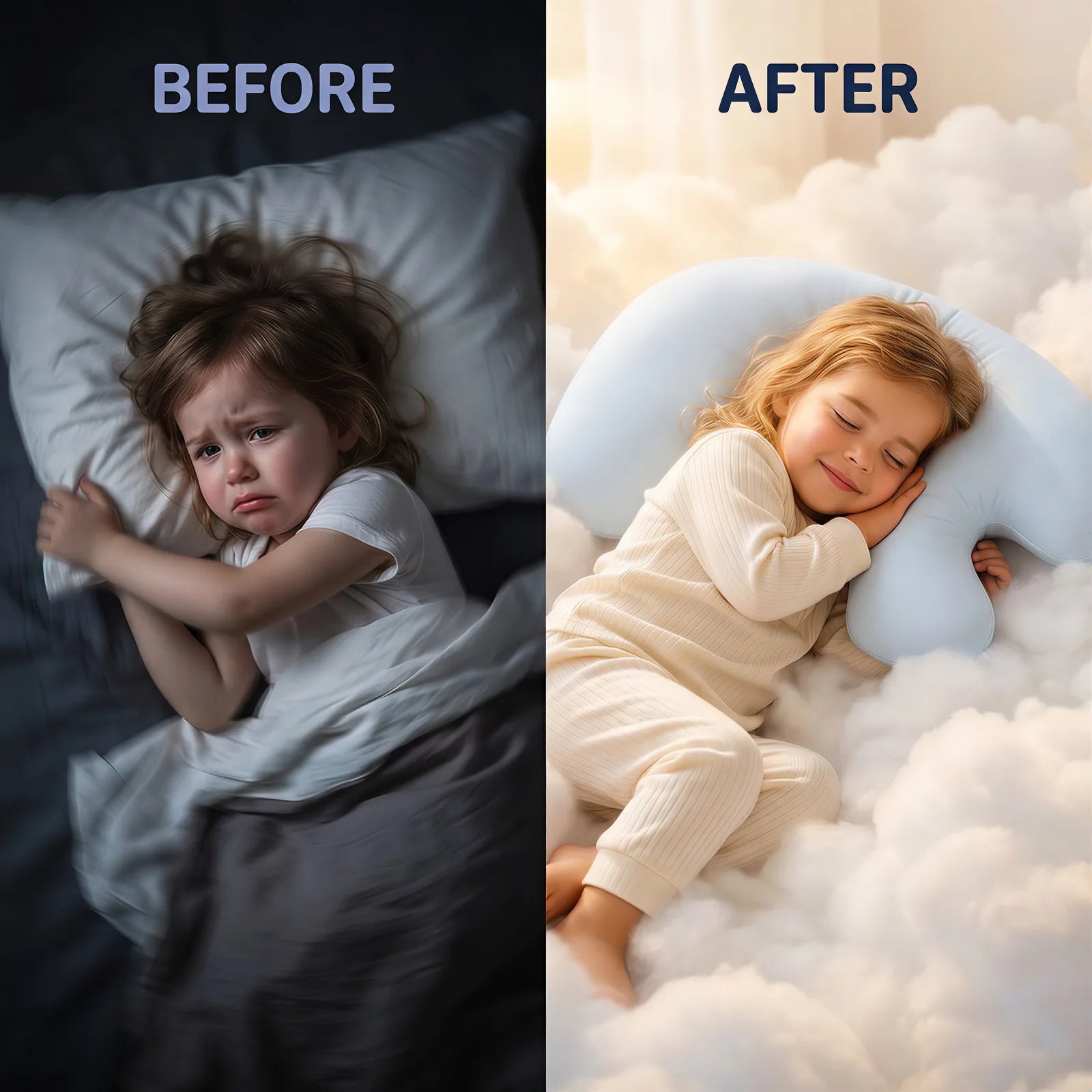 Before: a restless night on a regular pillow. After: sleeping soundly on Booney.