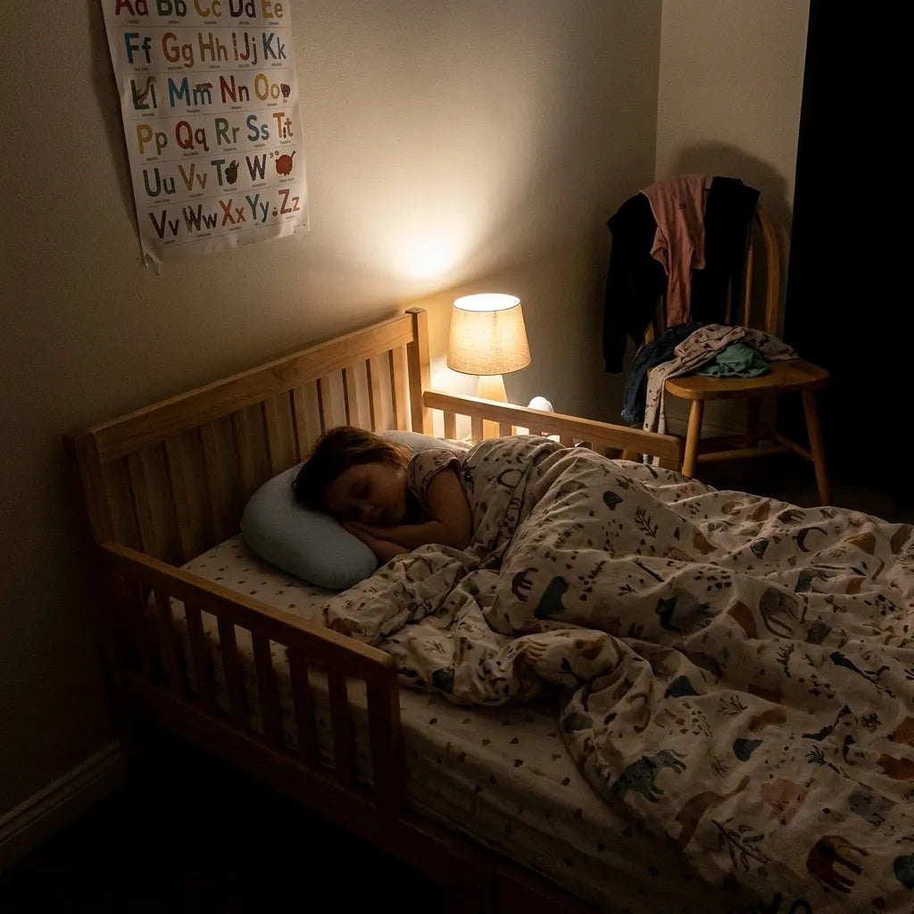 Photo shared by Daniel and Sarah: their daughter asleep on Booney in her own bed